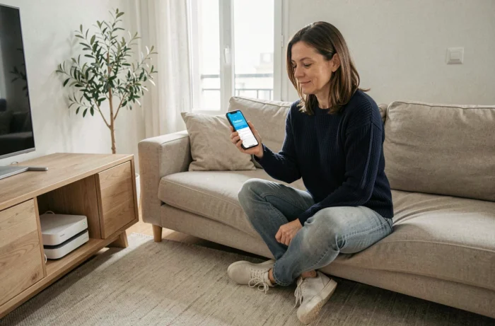 Femme consultant l'application Freebox sur smartphone pour redémarrer la Freebox Delta depuis son canapé