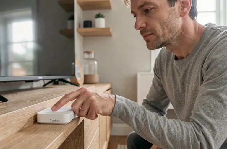Homme appuyant sur le bouton de réinitialisation de la Freebox Delta dans un salon moderne