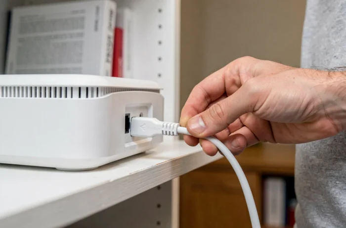 Gros plan sur le débranchement du câble d'alimentation de la Freebox Delta pour effectuer un redémarrage