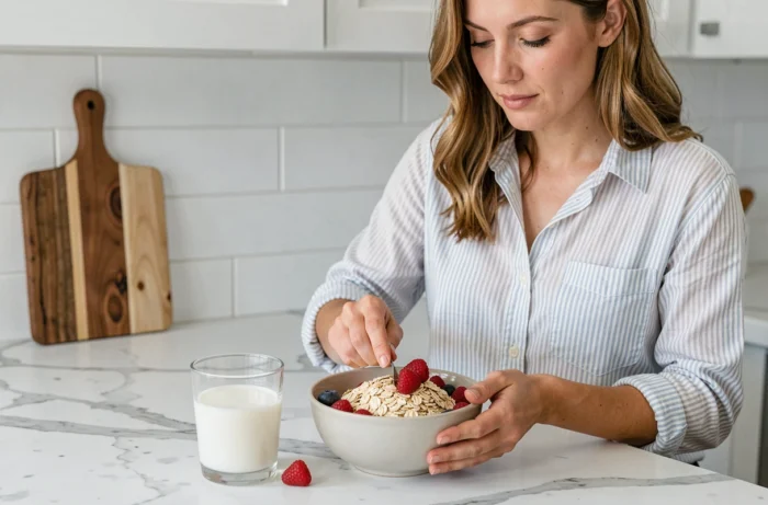 Femme préparant un petit-déjeuner sain sans sucre ajouté