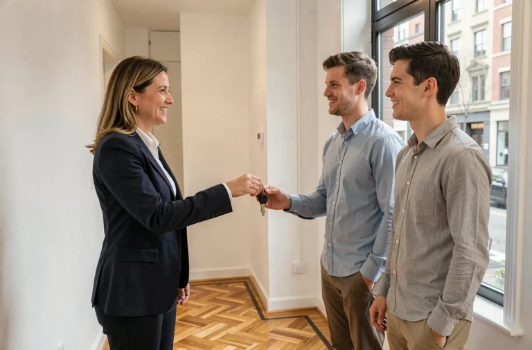 Agent immobilière remettant les clés d'un appartement à un couple de locataires souriants dans un couloir moderne