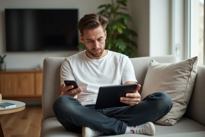 Jeune homme résolvant un problème de connexion réseau depuis son canapé avec smartphone et tablette