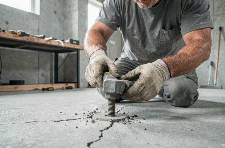 Technicien utilisant un outil d'extraction pour retirer un goujon d'ancrage en béton sans endommager la surface