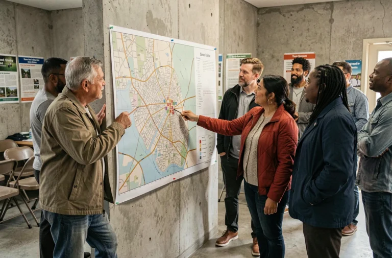 Résidents d'un quartier urbain réunis autour d'une carte imprimée lors d'une réunion citoyenne dans un centre communautaire