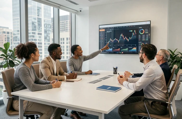 Équipe de professionnels en réunion stratégique autour de tendances business et données de marché 2024