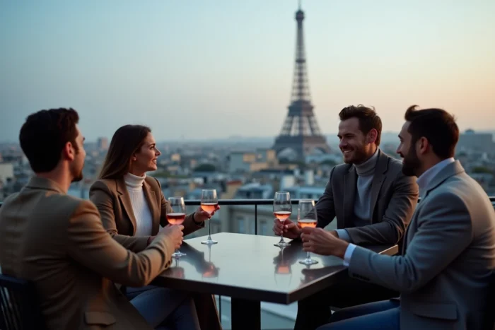 Groupe de jeunes professionnels parisiens sur un rooftop avec vue sur la Tour Eiffel et les toits haussmanniens au crépuscule