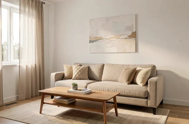 Salon moderne et épuré mis en valeur pour une vente immobilière, avec canapé beige, table basse en bois et décoration minimaliste