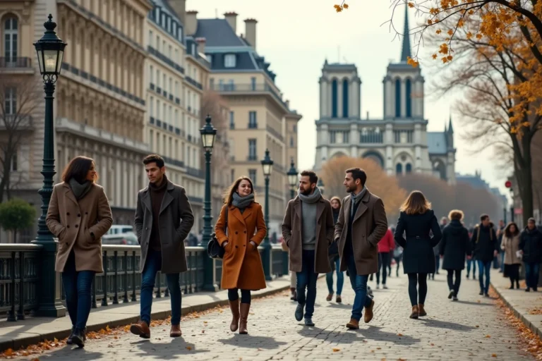 Scène de rue parisienne animée au bord de la Seine en automne avec des passants élégants et Notre-Dame en arrière-plan
