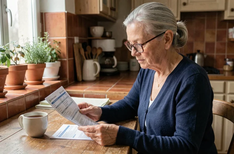 Une femme senior à la retraite compare des offres de mutuelle santé à sa table de cuisine