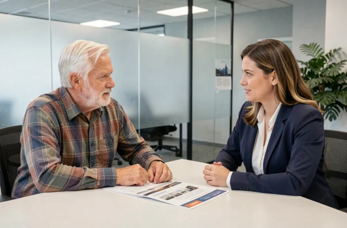 Un homme senior en rendez-vous avec une conseillère pour choisir sa mutuelle santé