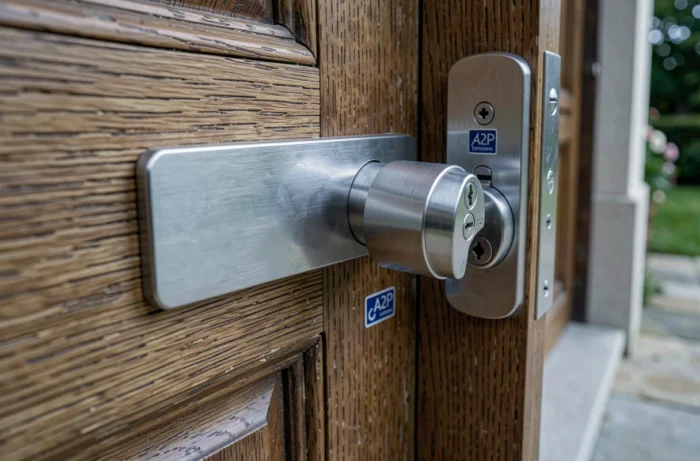 Serrure multipoints certifiée A2P installée sur une porte d'entrée en chêne massif
