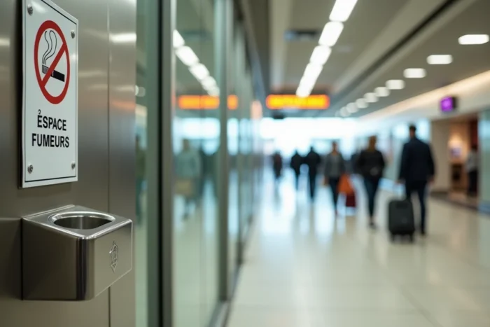 Signalétique et cendrier de l'espace fumeur d'un aéroport français avec passagers en arrière-plan