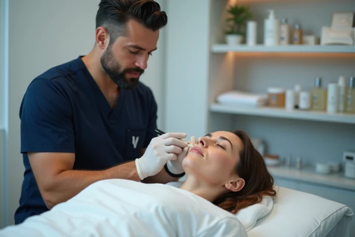 Spécialiste en esthétique médicale réalisant un soin du visage sur une cliente dans un cabinet professionnel