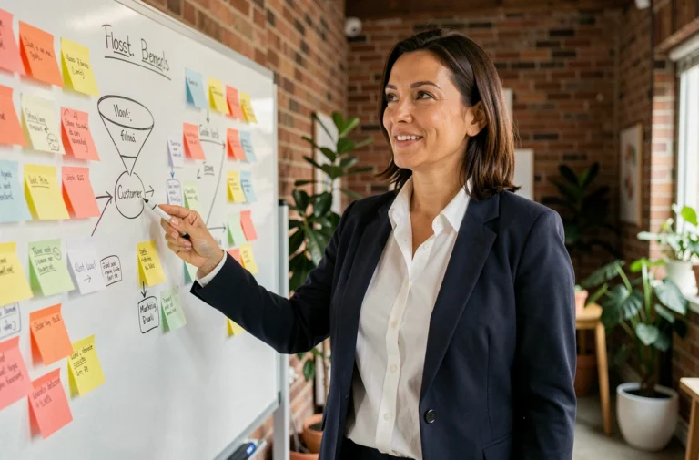 Femme entrepreneur présentant une stratégie marketing sur un tableau blanc dans un espace de coworking moderne