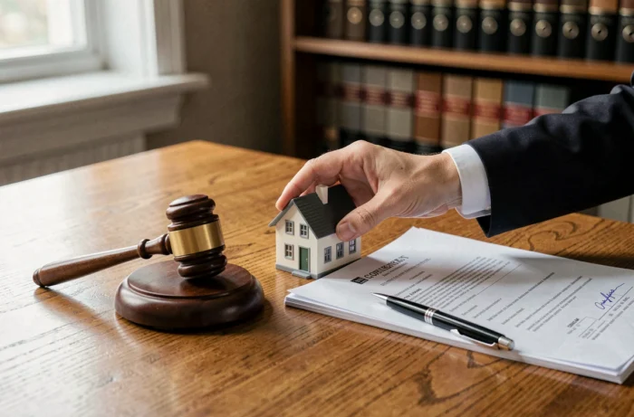 Symboles de protection immobilière avec maison miniature, marteau de notaire et documents juridiques sur un bureau en bois