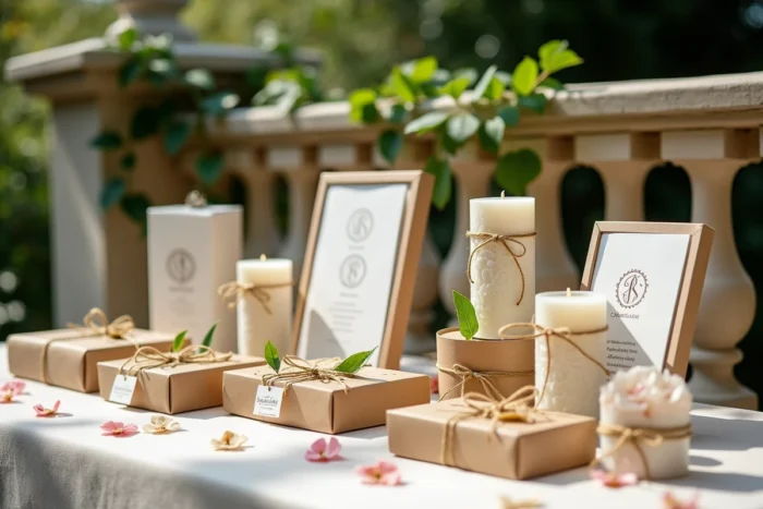 Table de cadeaux de mariage en extérieur avec bougies en cire, sculptures botaniques et papeterie scellée à la cire