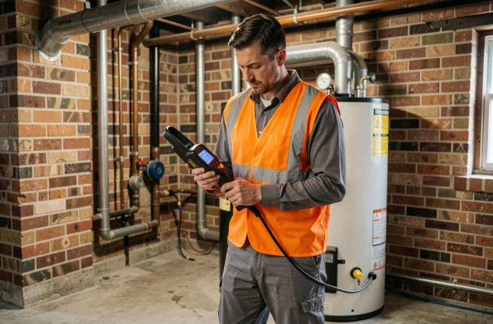 Technicien utilisant un détecteur de gaz dans une cave pour identifier une odeur d'essence