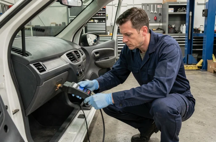 Technicien automobile branchant un scanner OBD-II sous le tableau de bord d'une Renault pour diagnostiquer le code défaut 1525f3
