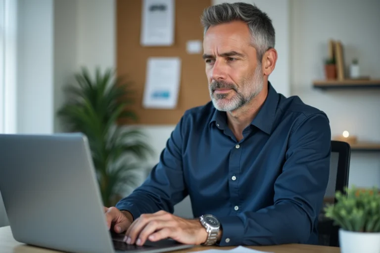 Technicien affilié Securitest accédant à son espace personnel en ligne sur un ordinateur portable dans un bureau professionnel