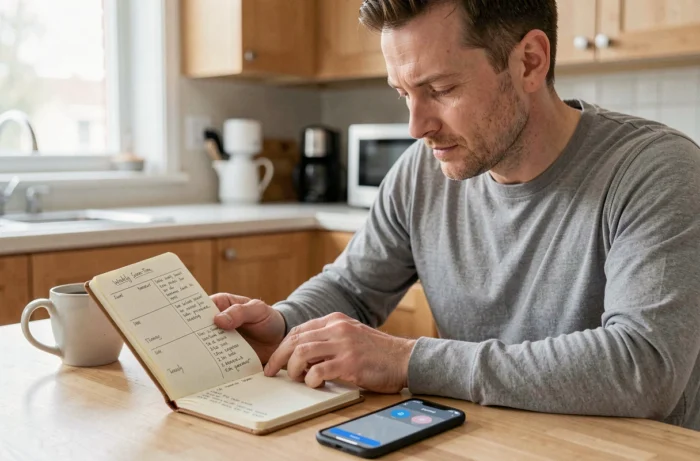 Homme planifiant intentionnellement son temps d'écran dans un agenda papier