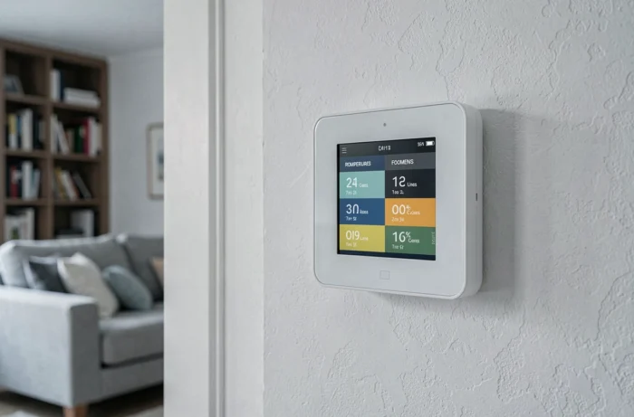 Thermostat connecté avec interface de programmation par pièce installé dans un salon moderne