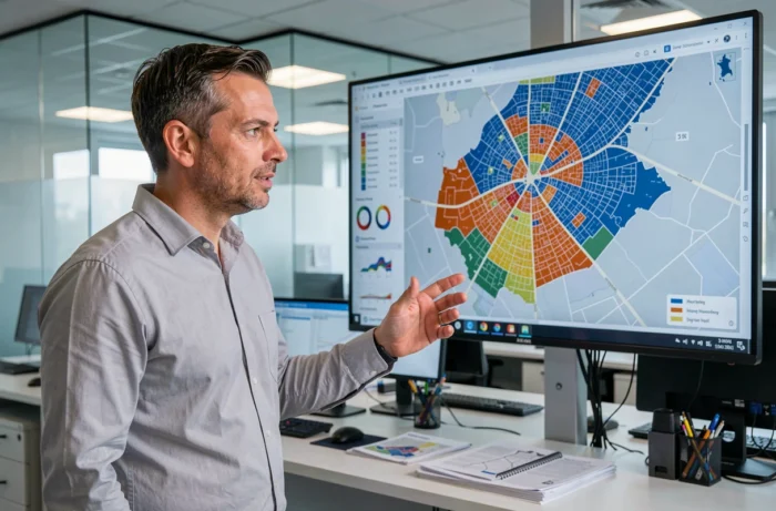 Urbaniste municipal présentant une carte interactive numérique des zones urbaines sensibles en France dans un bureau administratif moderne