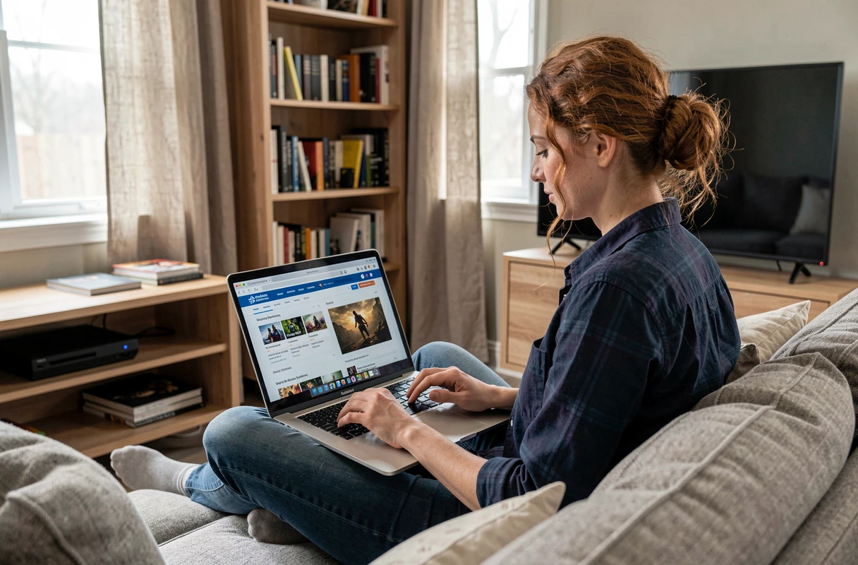 Femme explorant les mods de jeux vidéo sur la plateforme communautaire Rikmod depuis son salon