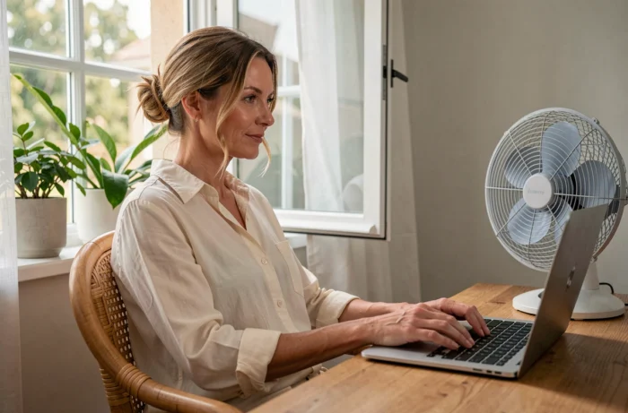 Femme travaillant à domicile avec un ventilateur de bureau Confort Line posé sur son bureau en bois