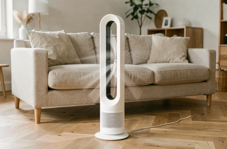 Ventilateur colonne blanc Confort Line posé sur parquet en chêne dans un salon moderne et lumineux