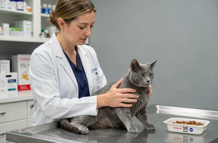 Vétérinaire femme examinant un chat gris sur une table d'examen en clinique vétérinaire avec une barquette de pâtée en référence