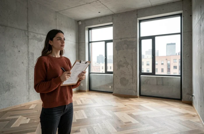 Jeune femme inspectant un appartement vide avec une liste de vérification lors d'une visite immobilière