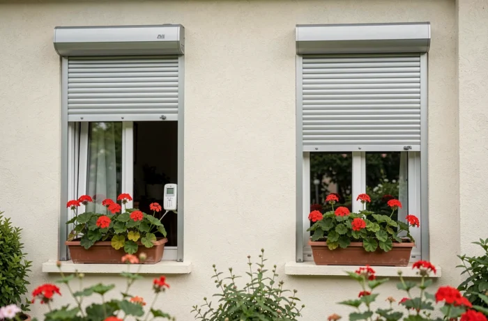 Volets roulants motorisés à programmation horaire sur la façade d'une maison pavillonnaire