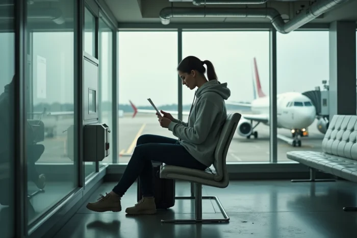 Femme consulte sa carte d'embarquement dans un espace fumeur d'aéroport avec vue sur le tarmac